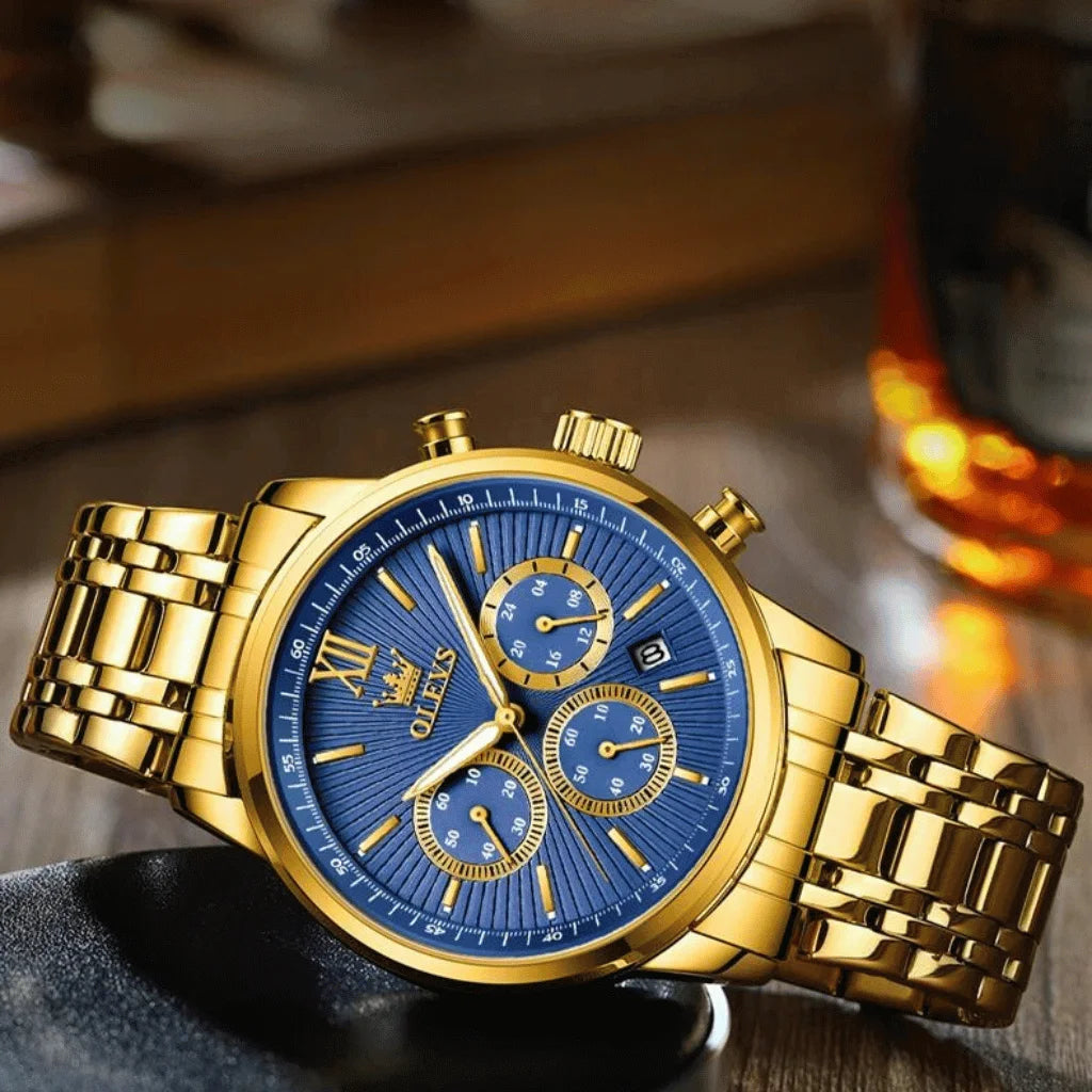 Montre-Homme-Tendance-Or-Bleue